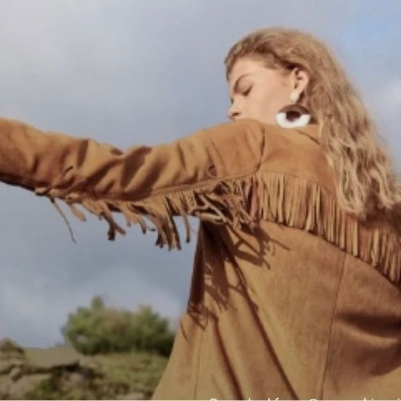 Vintage Jackets & Blazers - XOXO Vintage Tan Suede Leather Full Zip Fringe Western Cowgirl Jacket Size L